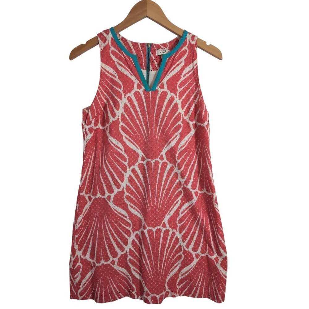 Crown & Ivy Shift Dress Womens 6 Petite Coral Blue Shell Design Sleeveless